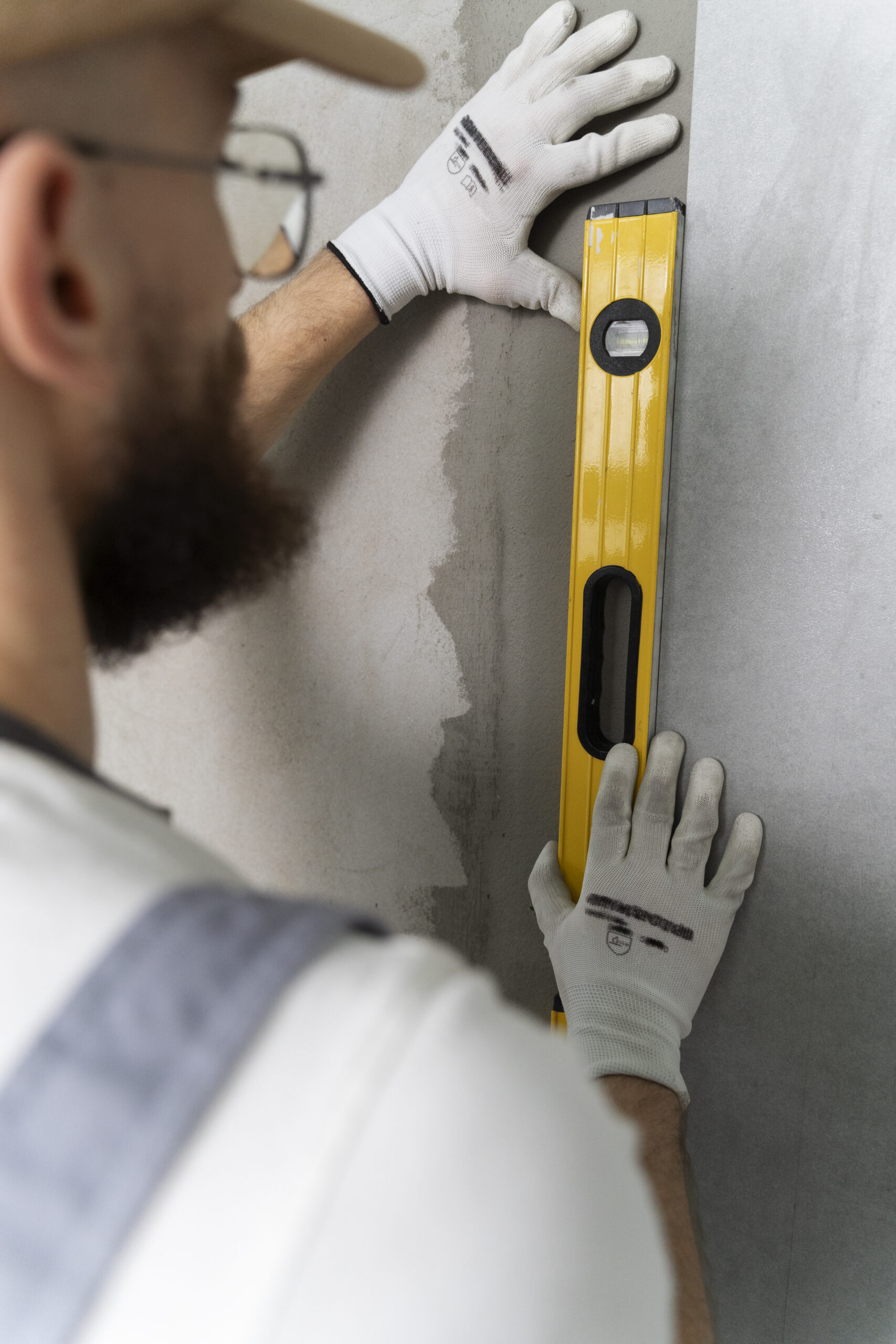 A male worker puts laminate flooring on the floor.